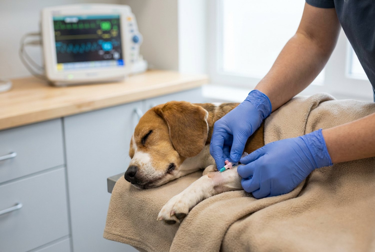 Veterinær som legger venekateter på en bedøvet beagle med anestesimonitor i bakgrunnen