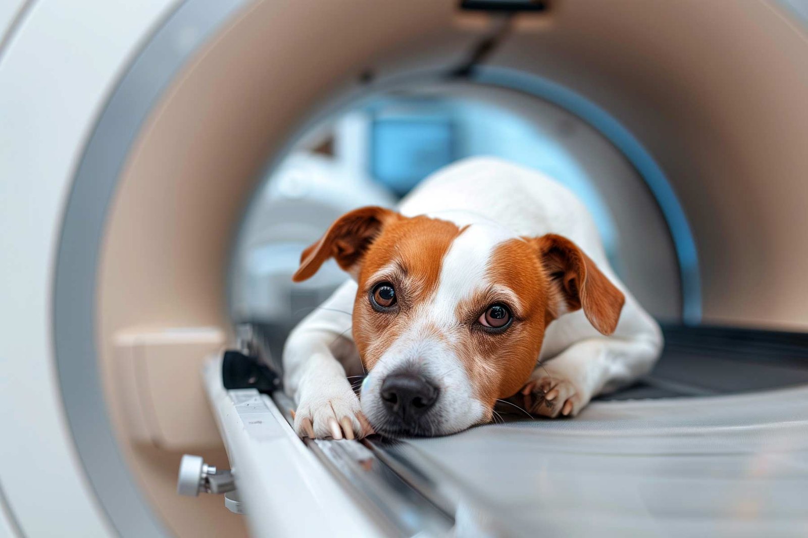 Hund som ligger rolig på pasientbordet inne i MR-tunnelen