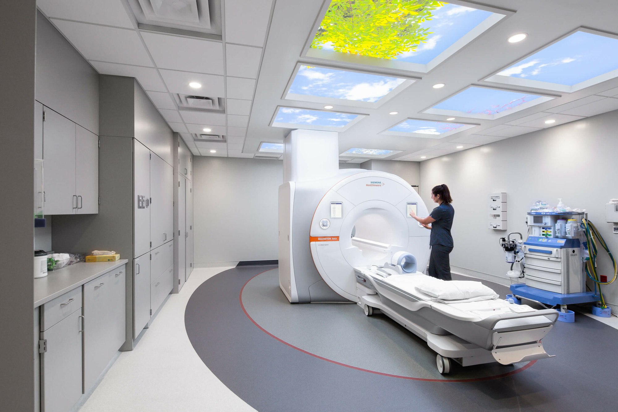 MR-rommet ved VetLabs Majorstuen — Siemens MAGNETOM Sola, under himlingsbilder av trekroner og blå himmel