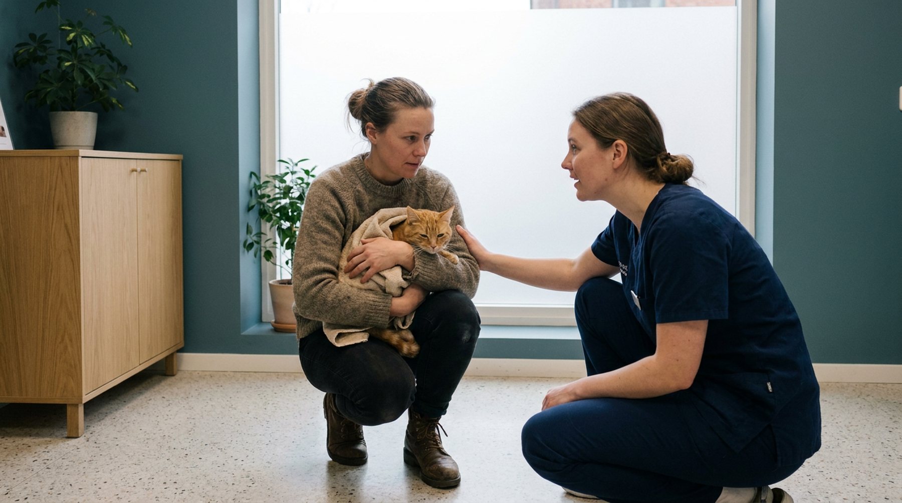 Dyreeier som holder katten sin mens dyrepleieren forklarer