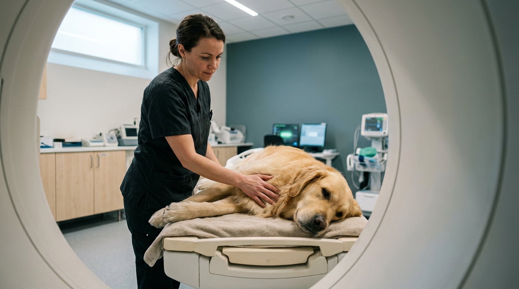 Veterinær som holder rolig hånden på en golden retriever i MR-maskinen