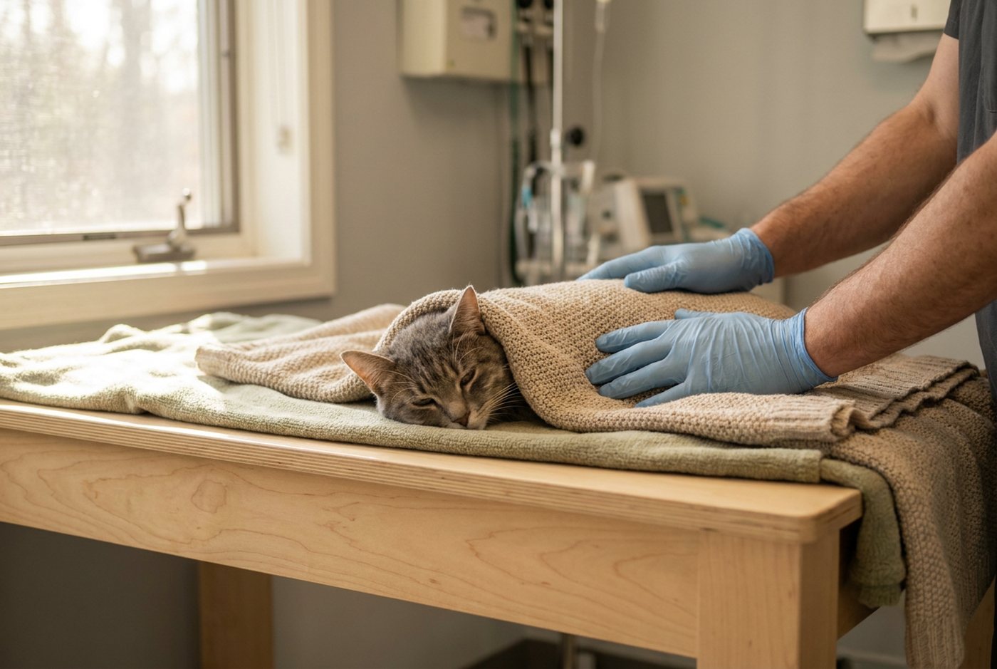 Katt som våkner rolig under et mykt teppe med dyrepleierens hender ved siden av