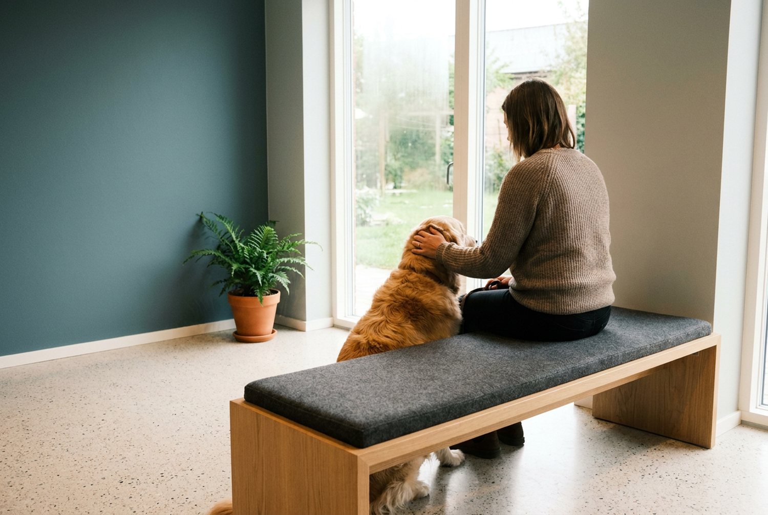 Dyreeier som sitter med hunden sin i venteområdet ved en av klinikkene
